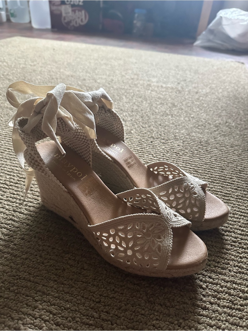 Cream Lace Wedges with Ankle Ribbon